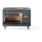ILVE Nostalgie II 48-Inch Dual Fuel Range with 8 Sealed Burners + Griddle, 5.02 cu. ft. Oven, Blue Grey with Brass Trim, Liquid Propane, Triple Glass Door, UP48FNMPBGGLP