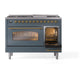 ILVE Nostalgie II 48-Inch Dual Fuel Range with 8 Sealed Burners + Griddle, 5.02 cu. ft. Oven, Blue Grey with Brass Trim, Natural Gas, Triple Glass Door, UP48FNMPBGG