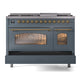 ILVE Nostalgie II 48-Inch Dual Fuel Range with 8 Sealed Burners + Griddle, 5.02 cu. ft. Oven, Blue Grey with Brass Trim, Natural Gas, Triple Glass Door, UP48FNMPBGG