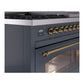 ILVE Nostalgie II 48-Inch Dual Fuel Range with 8 Sealed Burners + Griddle, 5.02 cu. ft. Oven, Blue Grey with Brass Trim, Natural Gas, Triple Glass Door, UP48FNMPBGG