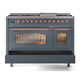 ILVE Nostalgie II 48-Inch Dual Fuel Range with 8 Sealed Burners + Griddle, 5.02 cu. ft. Oven, Blue Grey with Copper Trim, Liquid Propane, Triple Glass Door, UP48FNMPBGPLP