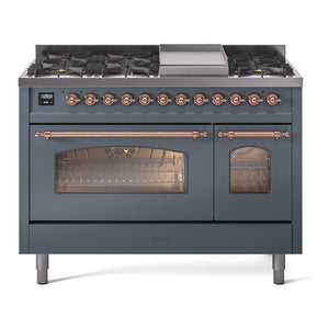 ILVE Nostalgie II 48-Inch Dual Fuel Range with 8 Sealed Burners + Griddle, 5.02 cu. ft. Oven, Blue Grey with Copper Trim, Natural Gas, Triple Glass Door, UP48FNMPBGP