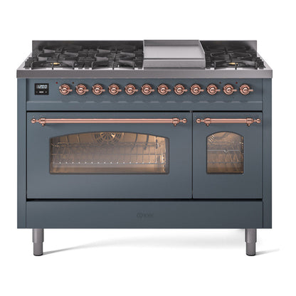 ILVE Nostalgie II 48-Inch Dual Fuel Range with 8 Sealed Burners + Griddle, 5.02 cu. ft. Oven, Blue Grey with Copper Trim, Natural Gas, Triple Glass Door, UP48FNMPBGP
