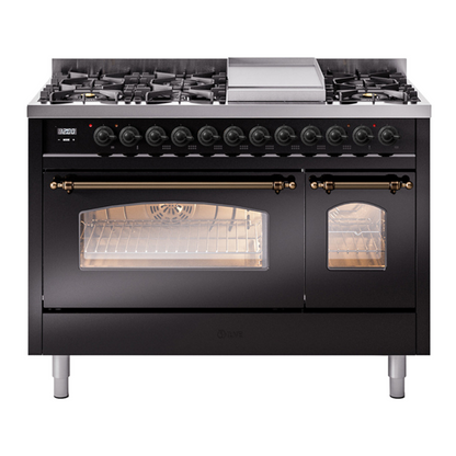 ILVE Nostalgie II 48-Inch Dual Fuel Range with 8 Sealed Burners + Griddle, 5.02 cu. ft. Oven, Glossy Black with Burnished Trim, Liquid Propane, Triple Glass Door, UP48FNMPBKBLP