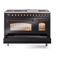 ILVE Nostalgie II 48-Inch Dual Fuel Range with 8 Sealed Burners + Griddle, 5.02 cu. ft. Oven, Glossy Black with Burnished Trim, Liquid Propane, Triple Glass Door, UP48FNMPBKBLP