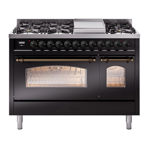 ILVE Nostalgie II 48-Inch Dual Fuel Range with 8 Sealed Burners + Griddle, 5.02 cu. ft. Oven, Glossy Black with Burnished Trim, Natural Gas, Triple Glass Door, UP48FNMPBKB