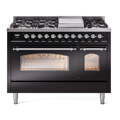 ILVE Nostalgie II 48-Inch Dual Fuel Range with 8 Sealed Burners + Griddle, 5.02 cu. ft. Oven, Glossy Black with Chrome Trim, Liquid Propane, Triple Glass Door, UP48FNMPBKCLP
