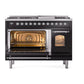 ILVE Nostalgie II 48-Inch Dual Fuel Range with 8 Sealed Burners + Griddle, 5.02 cu. ft. Oven, Glossy Black with Chrome Trim, Liquid Propane, Triple Glass Door, UP48FNMPBKCLP