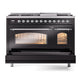ILVE Nostalgie II 48-Inch Dual Fuel Range with 8 Sealed Burners + Griddle, 5.02 cu. ft. Oven, Glossy Black with Chrome Trim, Liquid Propane, Triple Glass Door, UP48FNMPBKCLP