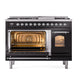 ILVE Nostalgie II 48-Inch Dual Fuel Range with 8 Sealed Burners + Griddle, 5.02 cu. ft. Oven, Glossy Black with Chrome Trim, Natural Gas, Triple Glass Door, UP48FNMPBKC