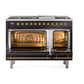 ILVE Nostalgie II 48-Inch Dual Fuel Range with 8 Sealed Burners + Griddle, 5.02 cu. ft. Oven, Glossy Black with Brass Trim, Liquid Propane, Triple Glass Door, UP48FNMPBKGLP
