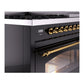 ILVE Nostalgie II 48-Inch Dual Fuel Range with 8 Sealed Burners + Griddle, 5.02 cu. ft. Oven, Glossy Black with Brass Trim, Liquid Propane, Triple Glass Door, UP48FNMPBKGLP