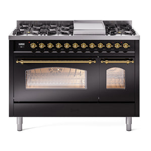 ILVE Nostalgie II 48-Inch Dual Fuel Range with 8 Sealed Burners + Griddle, 5.02 cu. ft. Oven, Glossy Black with Brass Trim, Natural Gas, Triple Glass Door, UP48FNMPBKG
