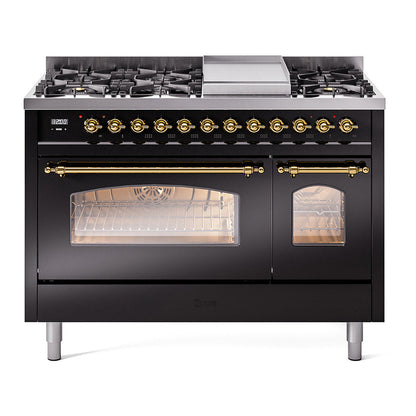 ILVE Nostalgie II 48-Inch Dual Fuel Range with 8 Sealed Burners + Griddle, 5.02 cu. ft. Oven, Glossy Black with Brass Trim, Natural Gas, Triple Glass Door, UP48FNMPBKG