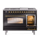 ILVE Nostalgie II 48-Inch Dual Fuel Range with 8 Sealed Burners + Griddle, 5.02 cu. ft. Oven, Glossy Black with Brass Trim, Natural Gas, Triple Glass Door, UP48FNMPBKG
