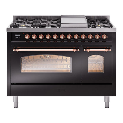 ILVE Nostalgie II 48-Inch Dual Fuel Range with 8 Sealed Burners + Griddle, 5.02 cu. ft. Oven, Glossy Black with Copper Trim, Liquid Propane, Triple Glass Door, UP48FNMPBKPLP