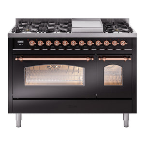 ILVE Nostalgie II 48-Inch Dual Fuel Range with 8 Sealed Burners + Griddle, 5.02 cu. ft. Oven, Glossy Black with Copper Trim, Natural Gas, Triple Glass Door, UP48FNMPBKP