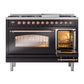 ILVE Nostalgie II 48-Inch Dual Fuel Range with 8 Sealed Burners + Griddle, 5.02 cu. ft. Oven, Glossy Black with Copper Trim, Natural Gas, Triple Glass Door, UP48FNMPBKP
