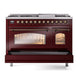 ILVE Nostalgie II 48-Inch Dual Fuel Range with 8 Sealed Burners + Griddle, 5.02 cu. ft. Oven, Burgundy with Burnished Trim, Liquid Propane, Triple Glass Door, UP48FNMPBUBLP