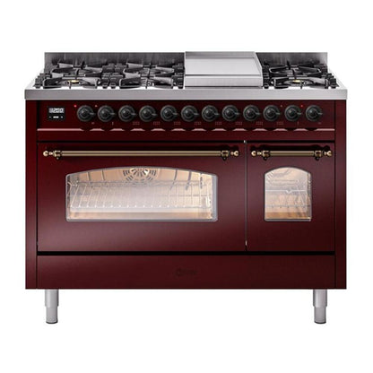 ILVE Nostalgie II 48-Inch Dual Fuel Range with 8 Sealed Burners + Griddle, 5.02 cu. ft. Oven, Burgundy with Burnished Trim, Natural Gas, Triple Glass Door, UP48FNMPBUB