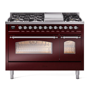 ILVE Nostalgie II 48-Inch Dual Fuel Range with 8 Sealed Burners + Griddle, 5.02 cu. ft. Oven, Burgundy with Chrome Trim, Liquid Propane, Triple Glass Door, UP48FNMPBUCLP