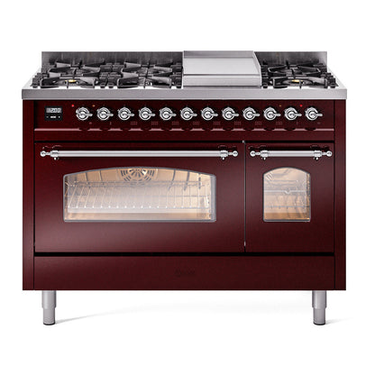 ILVE Nostalgie II 48-Inch Dual Fuel Range with 8 Sealed Burners + Griddle, 5.02 cu. ft. Oven, Burgundy with Chrome Trim, Liquid Propane, Triple Glass Door, UP48FNMPBUCLP