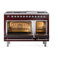 ILVE Nostalgie II 48-Inch Dual Fuel Range with 8 Sealed Burners + Griddle, 5.02 cu. ft. Oven, Burgundy with Chrome Trim, Liquid Propane, Triple Glass Door, UP48FNMPBUCLP