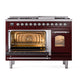 ILVE Nostalgie II 48-Inch Dual Fuel Range with 8 Sealed Burners + Griddle, 5.02 cu. ft. Oven, Burgundy with Chrome Trim, Liquid Propane, Triple Glass Door, UP48FNMPBUCLP