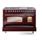 ILVE Nostalgie II 48-Inch Dual Fuel Range with 8 Sealed Burners + Griddle, 5.02 cu. ft. Oven, Burgundy with Chrome Trim, Liquid Propane, Triple Glass Door, UP48FNMPBUCLP