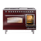 ILVE Nostalgie II 48-Inch Dual Fuel Range with 8 Sealed Burners + Griddle, 5.02 cu. ft. Oven, Burgundy with Chrome Trim, Natural Gas, Triple Glass Door, UP48FNMPBUC