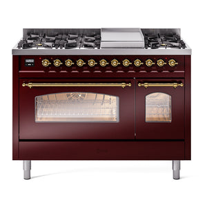 ILVE Nostalgie II 48-Inch Dual Fuel Range with 8 Sealed Burners + Griddle, 5.02 cu. ft. Oven, Burgundy with Brass Trim, Liquid Propane, Triple Glass Door, UP48FNMPBUGLP