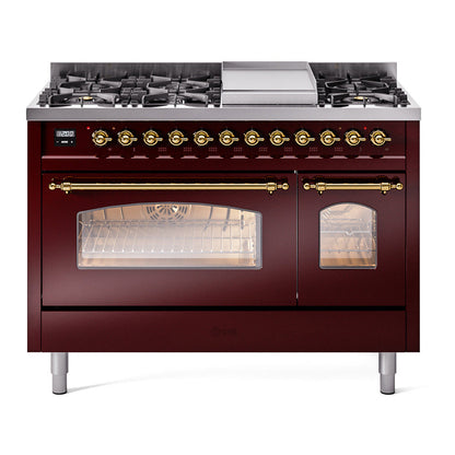 ILVE Nostalgie II 48-Inch Dual Fuel Range with 8 Sealed Burners + Griddle, 5.02 cu. ft. Oven, Burgundy with Brass Trim, Liquid Propane, Triple Glass Door, UP48FNMPBUGLP