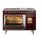 ILVE Nostalgie II 48-Inch Dual Fuel Range with 8 Sealed Burners + Griddle, 5.02 cu. ft. Oven, Burgundy with Brass Trim, Natural Gas, Triple Glass Door, UP48FNMPBUG