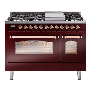 ILVE Nostalgie II 48-Inch Dual Fuel Range with 8 Sealed Burners + Griddle, 5.02 cu. ft. Oven, Burgundy with Copper Trim, Natural Gas, Triple Glass Door, UP48FNMPBUP