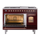 ILVE Nostalgie II 48-Inch Dual Fuel Range with 8 Sealed Burners + Griddle, 5.02 cu. ft. Oven, Burgundy with Copper Trim, Natural Gas, Triple Glass Door, UP48FNMPBUP