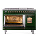 ILVE Nostalgie II 48-Inch Dual Fuel Range with 8 Sealed Burners + Griddle, 5.02 cu. ft. Oven, Emerald Green with Burnished Trim, Liquid Propane, Triple Glass Door, UP48FNMPEGBLP