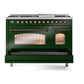 ILVE Nostalgie II 48-Inch Dual Fuel Range with 8 Sealed Burners + Griddle, 5.02 cu. ft. Oven, Emerald Green with Burnished Trim, Liquid Propane, Triple Glass Door, UP48FNMPEGBLP