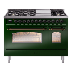 ILVE Nostalgie II 48-Inch Dual Fuel Range with 8 Sealed Burners + Griddle, 5.02 cu. ft. Oven, Emerald Green with Burnished Trim, Natural Gas, Triple Glass Door, UP48FNMPEGB