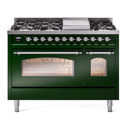 ILVE Nostalgie II 48-Inch Dual Fuel Range with 8 Sealed Burners + Griddle, 5.02 cu. ft. Oven, Emerald Green with Chrome Trim, Natural Gas, Triple Glass Door, UP48FNMPEGC