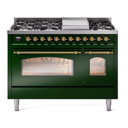 ILVE Nostalgie II 48-Inch Dual Fuel Range with 8 Sealed Burners + Griddle, 5.02 cu. ft. Oven, Emerald Green with Brass Trim, Liquid Propane, Triple Glass Door, UP48FNMPEGGLP