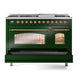 ILVE Nostalgie II 48-Inch Dual Fuel Range with 8 Sealed Burners + Griddle, 5.02 cu. ft. Oven, Emerald Green with Brass Trim, Liquid Propane, Triple Glass Door, UP48FNMPEGGLP