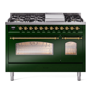 ILVE Nostalgie II 48-Inch Dual Fuel Range with 8 Sealed Burners + Griddle, 5.02 cu. ft. Oven, Emerald Green with Brass Trim, Natural Gas, Triple Glass Door, UP48FNMPEGG