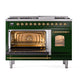 ILVE Nostalgie II 48-Inch Dual Fuel Range with 8 Sealed Burners + Griddle, 5.02 cu. ft. Oven, Emerald Green with Brass Trim, Natural Gas, Triple Glass Door, UP48FNMPEGG