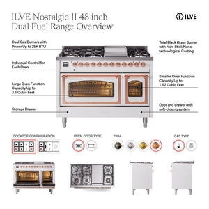 ILVE Nostalgie II 48-Inch Dual Fuel Range with 8 Sealed Burners + Griddle, 5.02 cu. ft. Oven, Emerald Green with Copper Trim, Liquid Propane, Triple Glass Door, UP48FNMPEGPLP