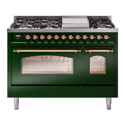 ILVE Nostalgie II 48-Inch Dual Fuel Range with 8 Sealed Burners + Griddle, 5.02 cu. ft. Oven, Emerald Green with Copper Trim, Natural Gas, Triple Glass Door, UP48FNMPEGP