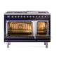 ILVE Nostalgie II 48-Inch Dual Fuel Range with 8 Sealed Burners + Griddle, 5.02 cu. ft. Oven, Midnight Blue with Burnished Trim, Liquid Propane, Triple Glass Door, UP48FNMPMBBLP