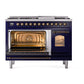 ILVE Nostalgie II 48-Inch Dual Fuel Range with 8 Sealed Burners + Griddle, 5.02 cu. ft. Oven, Midnight Blue with Burnished Trim, Liquid Propane, Triple Glass Door, UP48FNMPMBBLP