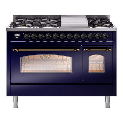 ILVE Nostalgie II 48-Inch Dual Fuel Range with 8 Sealed Burners + Griddle, 5.02 cu. ft. Oven, Midnight Blue with Burnished Trim, Natural Gas, Triple Glass Door, UP48FNMPMBB