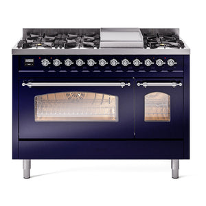 ILVE Nostalgie II 48-Inch Dual Fuel Range with 8 Sealed Burners + Griddle, 5.02 cu. ft. Oven, Midnight Blue with Chrome Trim, Natural Gas, Triple Glass Door, UP48FNMPMBC