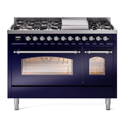 ILVE Nostalgie II 48-Inch Dual Fuel Range with 8 Sealed Burners + Griddle, 5.02 cu. ft. Oven, Midnight Blue with Chrome Trim, Natural Gas, Triple Glass Door, UP48FNMPMBC